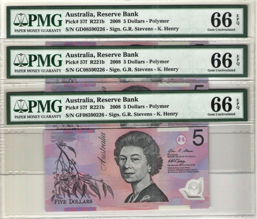 收藏联盟第九十七期拍卖 2008年澳大利亚5元 三胞胎号码3张 同分PMG66E