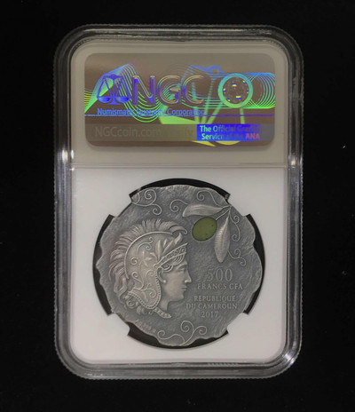 【随心拍&GetCoin】现代金银币拍卖第三十期 喀麦隆2017年希腊女神雅典娜猫头鹰镶嵌碧玉NGC70