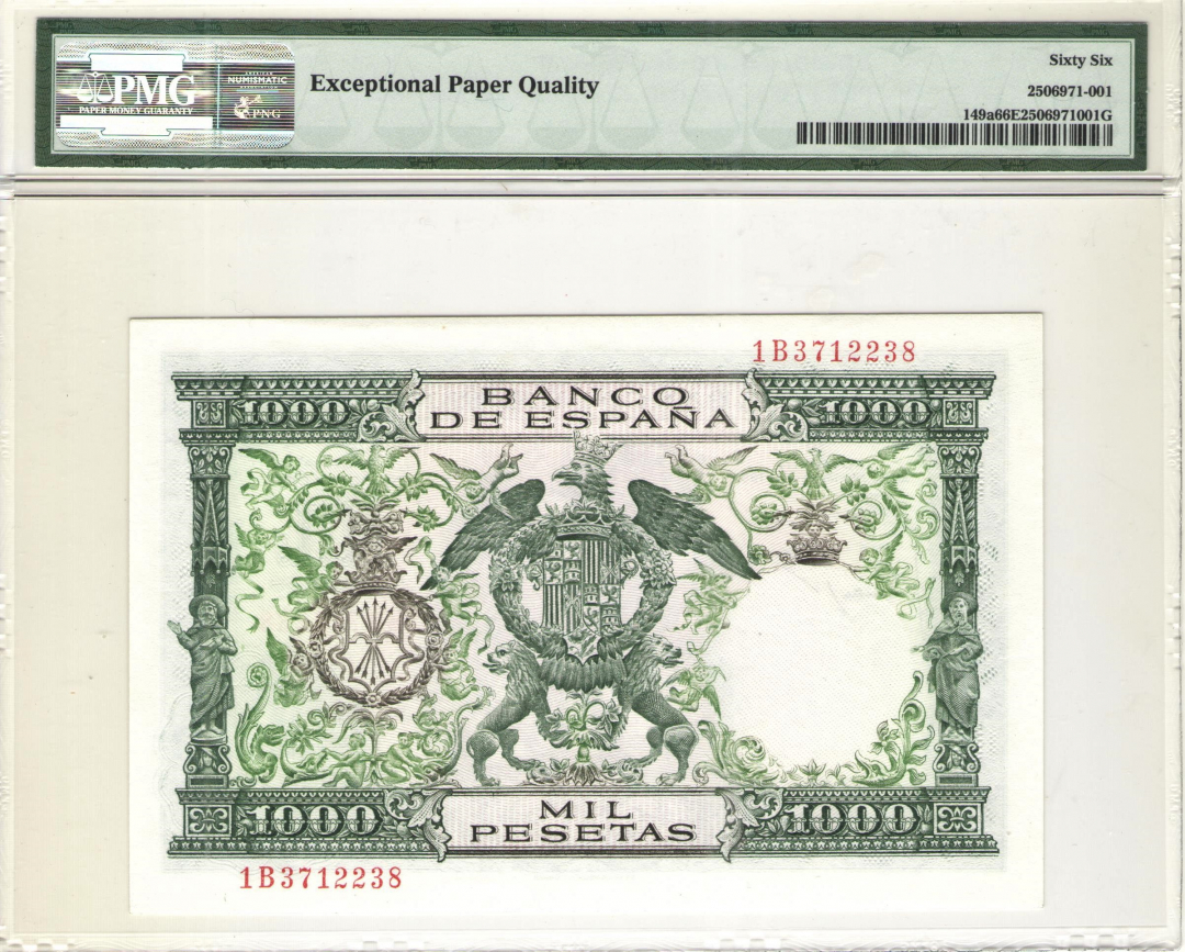 收藏联盟第九十七期拍卖 1957年西班牙1000比塞塔 PMG66E