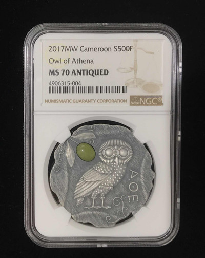 【随心拍&GetCoin】现代金银币拍卖第三十期 喀麦隆2017年希腊女神雅典娜猫头鹰镶嵌碧玉NGC70