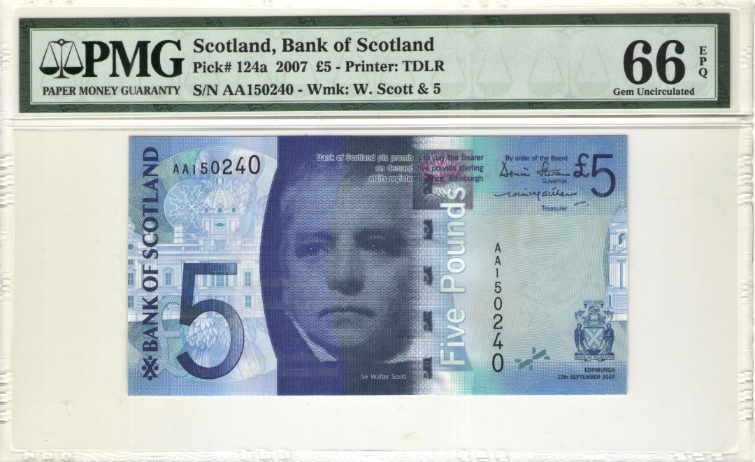 收藏联盟第九十七期拍卖 2007年苏格兰5镑首发AA PMG66E