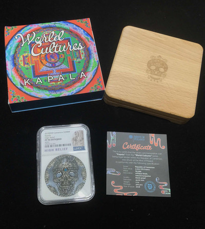 【随心拍&GetCoin】现代金银币拍卖第三十期 2018年喀麦隆世界文化卡帕拉骷髅头头骨镶嵌高浮雕银币NGC70