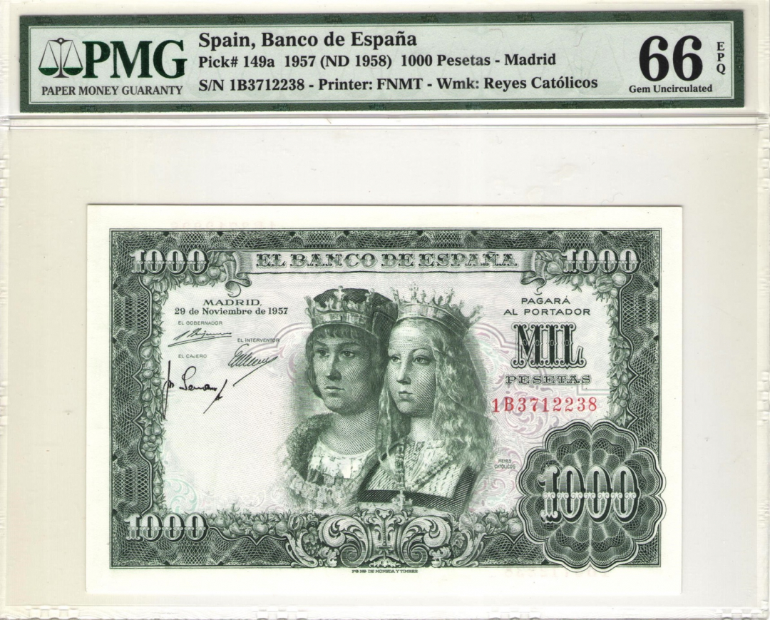 收藏联盟第九十七期拍卖 1957年西班牙1000比塞塔 PMG66E