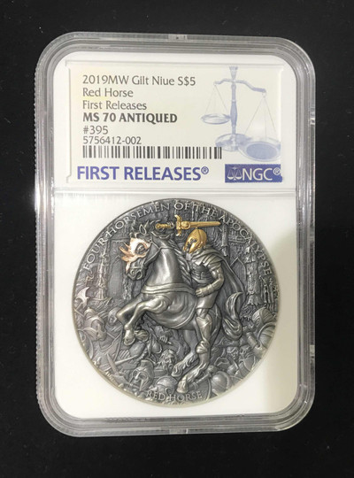 【随心拍&GetCoin】现代金银币拍卖第三十期 纽埃2019年天启四骑士系列红马骑士高浮雕镀银币首期蓝标NGC70