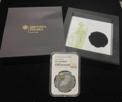 【随心拍&GetCoin】现代金银币拍卖第三十期 喀麦隆2017年希腊女神雅典娜猫头鹰镶嵌碧玉NGC70