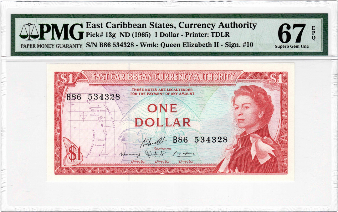 收藏联盟第九十七期拍卖 1965年东加勒比1元 PMG67E