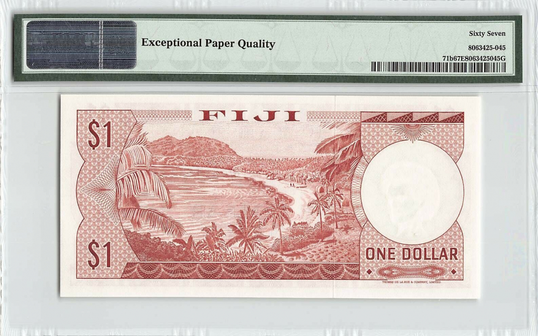 【收藏联盟】第九十八期拍卖 斐济 1974年 1元 PMG67EPQ 高分 戎装女王 经典 唯美斐济风景