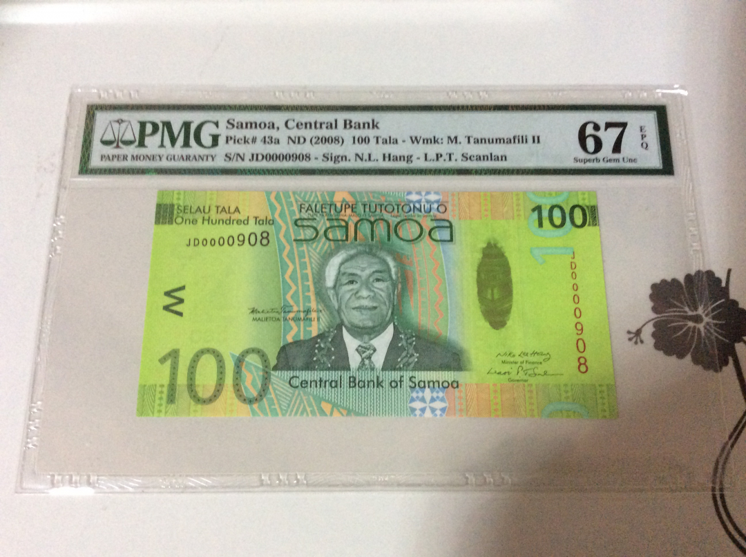 【收藏联盟】第九十八期拍卖 【3位小号】萨摩亚2008年 100塔拉p43a PMG67EPQ 高分