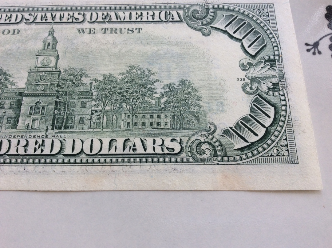 【收藏联盟】第九十八期拍卖 美国 1993年 100美金 UNC- 有黄斑 富兰克林 小头版