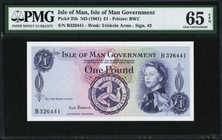 【收藏联盟】第九十八期拍卖 马恩岛 1961年 1镑 BWC出品 戎装女王 非常漂亮 PMG65EPQ  绝品