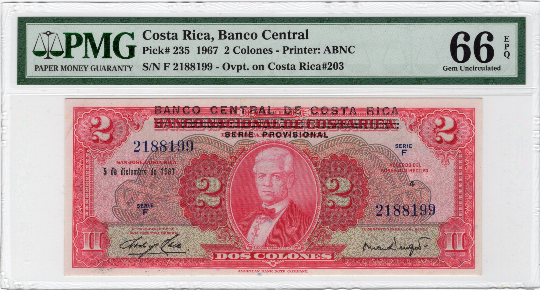 【收藏联盟】第九十八期拍卖 哥斯达黎加 1967年 2克朗p235 PMG66EPQ 