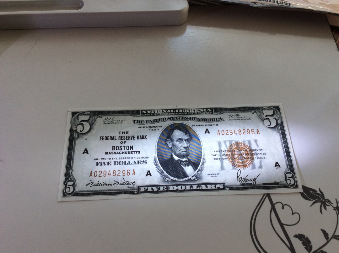 【收藏联盟】第九十八期拍卖 美国 1929年 5美金 AA冠 全新UNC 国民券 林肯总统