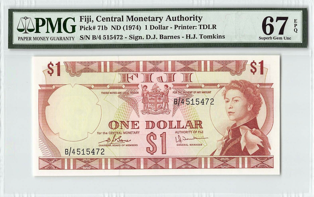 【收藏联盟】第九十八期拍卖 斐济 1974年 1元 PMG67EPQ 高分 戎装女王 经典 唯美斐济风景