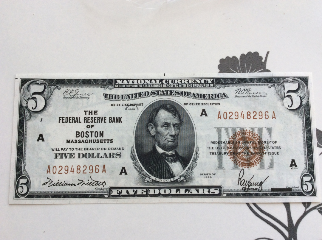 【收藏联盟】第九十八期拍卖 美国 1929年 5美金 AA冠 全新UNC 国民券 林肯总统