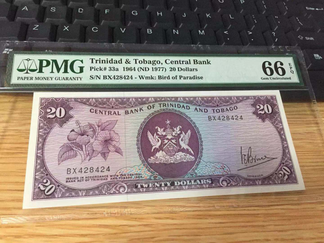 【收藏联盟】第九十八期拍卖 特立尼达和多巴哥p33a  1964年 20元 PMG66EPQ 天堂鸟水印