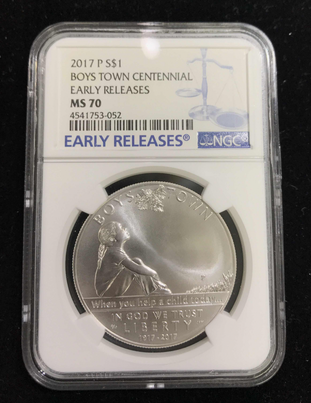 【随心拍&GetCoin】现代金银币拍卖第三十二期 ［获奖币］美国2017年男孩镇成立100年普制银币  NGC早期蓝标70分