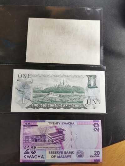 【鲸贝乐淘】千字文·第“珠称夜光”号拍卖 - 【外币】加拿大1973年1元UNC，马拉维20元UNC,德国1923年10万马克AUNC,外币三张