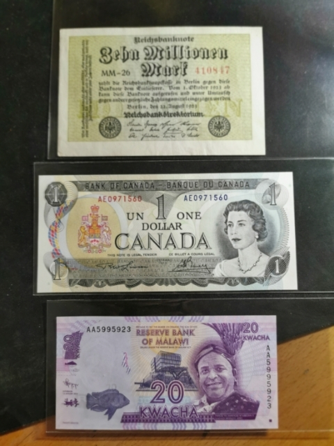 【鲸贝乐淘】千字文·第“珠称夜光”号拍卖 【外币】加拿大1973年1元UNC，马拉维20元UNC,德国1923年10万马克AUNC,外币三张