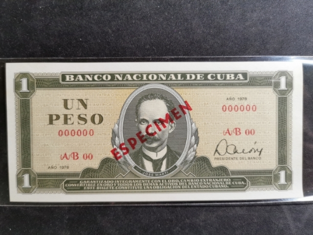 【鲸贝乐淘】千字文·第“珠称夜光”号拍卖 【古巴票样】1978年古巴1比索票样，全新全品UNC