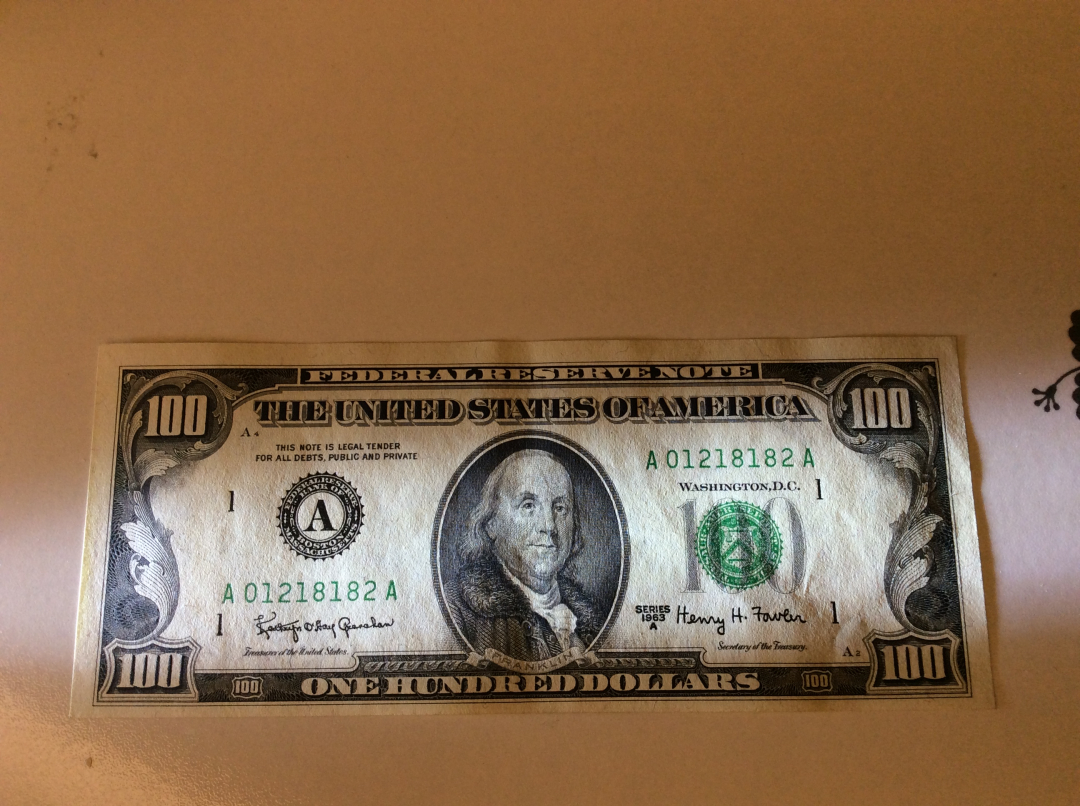 【收藏联盟】第九十九期拍卖 美国 1963年 100美金UNC- 富兰克林 小头版 182尾 AA冠