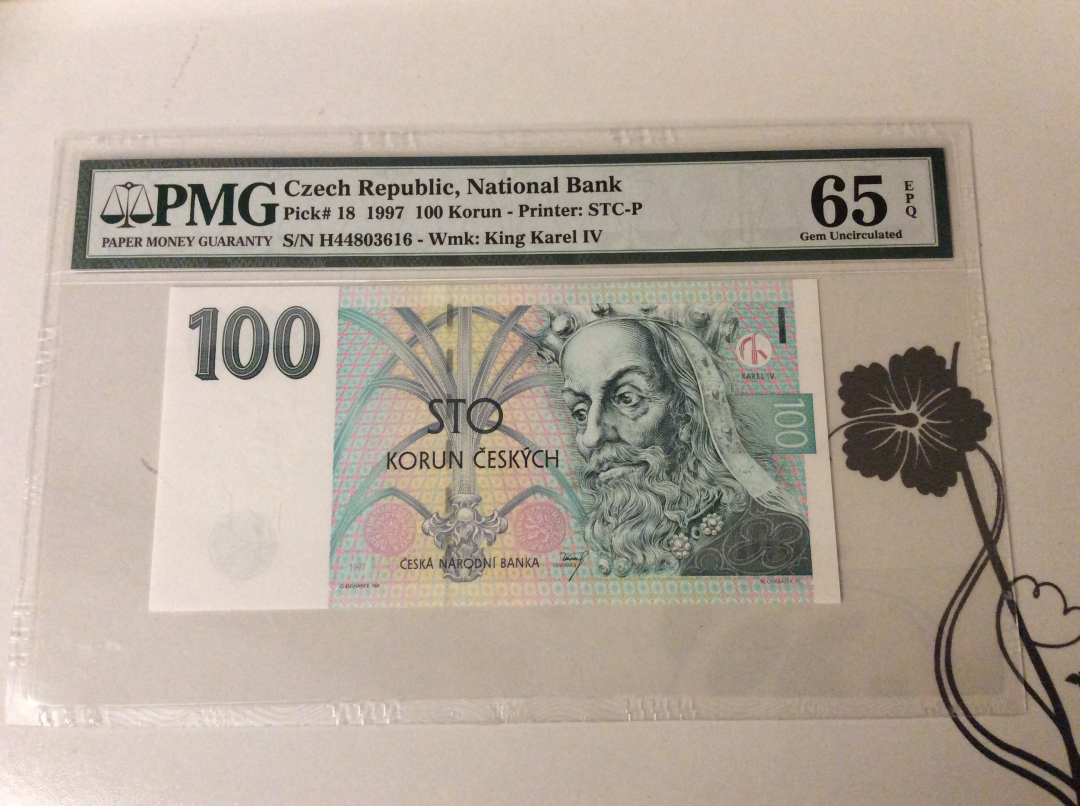 【收藏联盟】第九十九期拍卖 捷克 1997年 100克朗 p18  PMG65EPQ 绝品