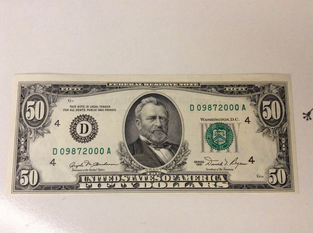 【收藏联盟】第九十九期拍卖 美国 1981年 50美金 UNC- 格兰特 000豹子号 