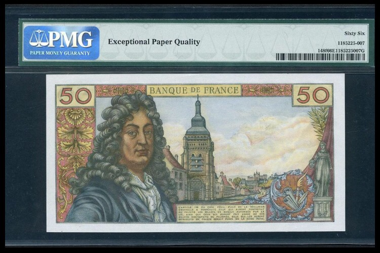【收藏联盟】第九十九期拍卖 【雷达号】 法国 1976年 50法郎 p148f 经典拉辛 PMG66EPQ 绝品