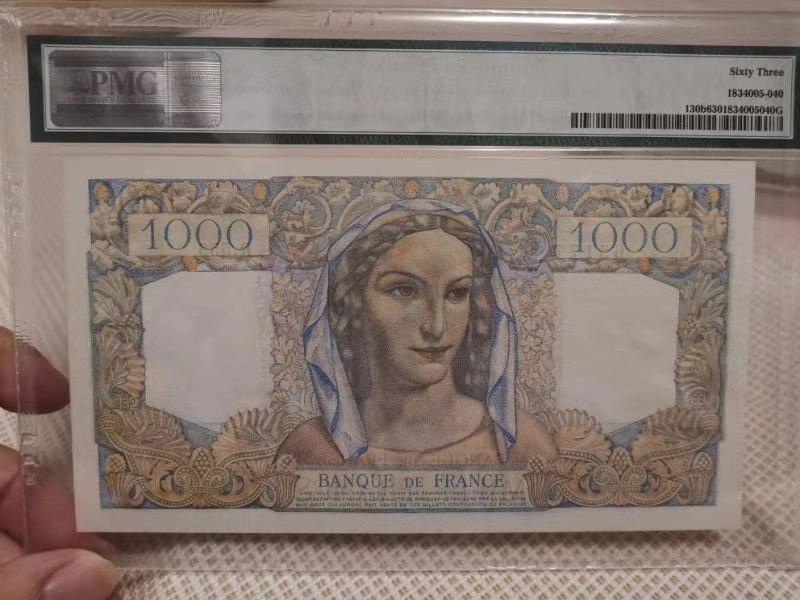 【收藏联盟】第九十九期拍卖 法国 1948-50年 1000法郎 PMG64 p130b