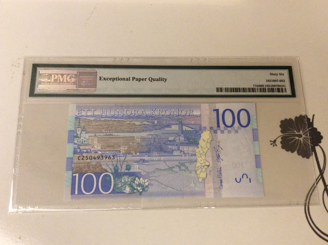 【收藏联盟】第九十九期拍卖 瑞典 2016年 100克朗 p71b PMG66EPQ 影星葛丽泰-嘉宝