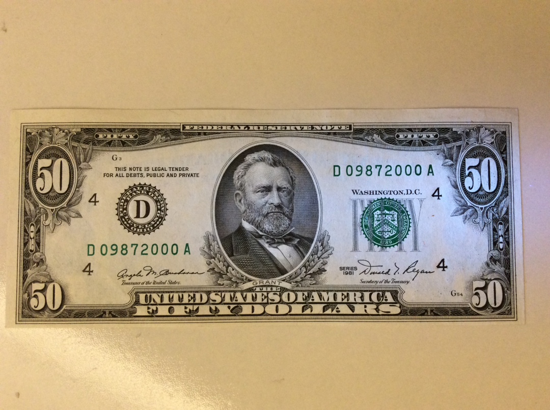 【收藏联盟】第九十九期拍卖 美国 1981年 50美金 UNC- 格兰特 000豹子号 