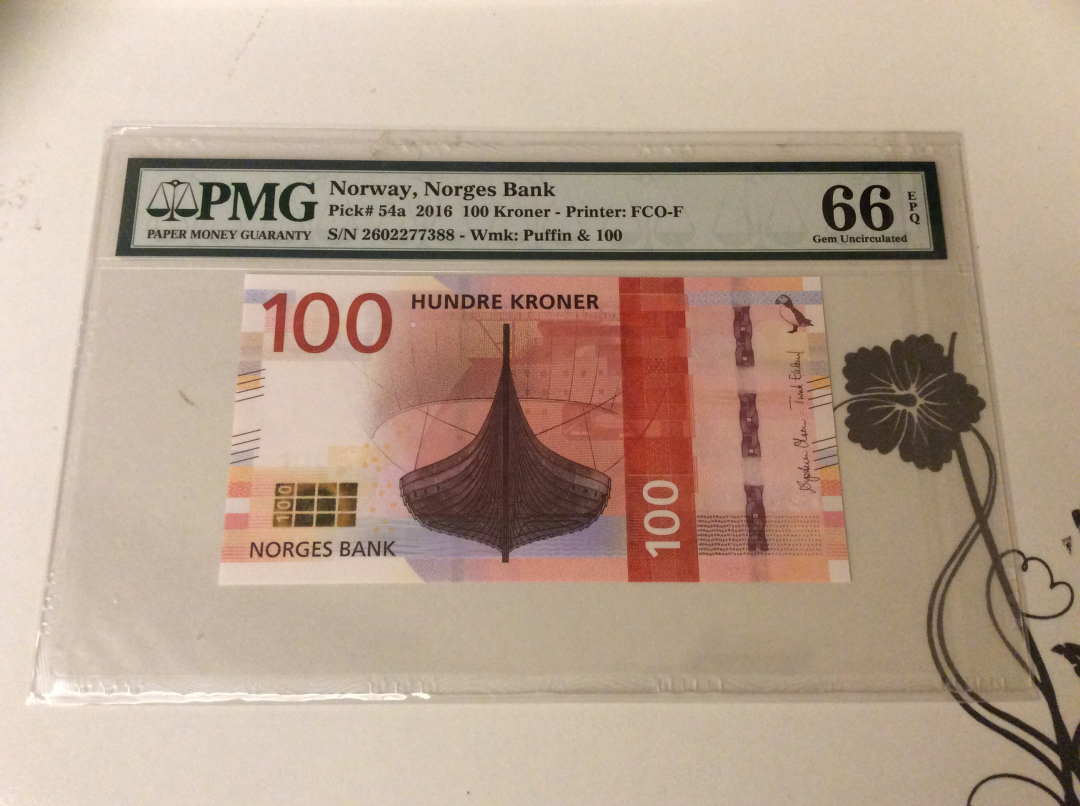 【收藏联盟】第九十九期拍卖 挪威 2016年 p54a  100克朗 PMG66EPQ  88尾 马赛克版