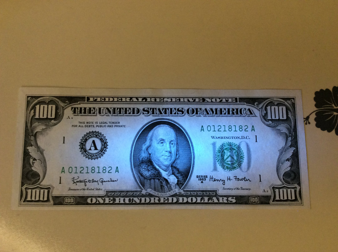 【收藏联盟】第九十九期拍卖 美国 1963年 100美金UNC- 富兰克林 小头版 182尾 AA冠