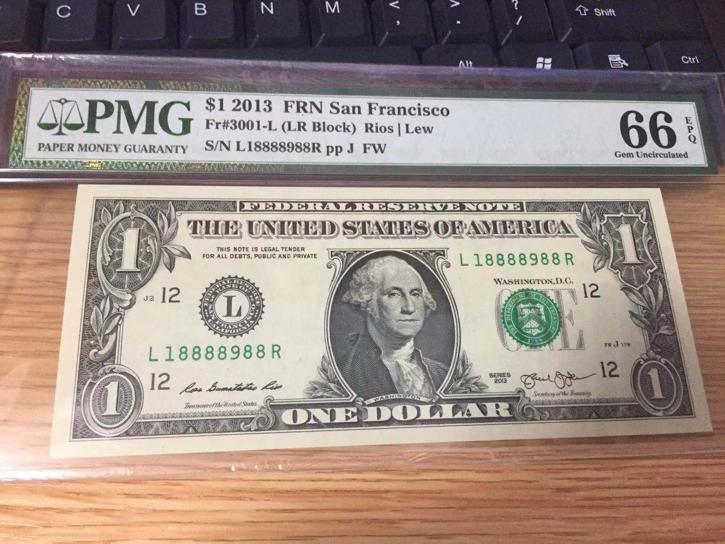 【收藏联盟】第九十九期拍卖 【超级靓号18888988】美国 2013年 1美金 PMG66EPQ 华盛顿