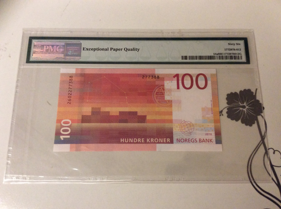 【收藏联盟】第九十九期拍卖 挪威 2016年 p54a  100克朗 PMG66EPQ  88尾 马赛克版