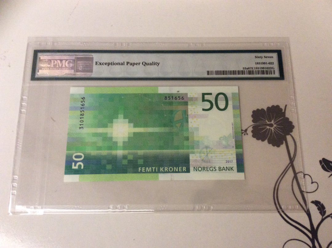 【收藏联盟】第九十九期拍卖 挪威 2016年 p53a  50克朗 PMG67EPQ  马赛克版