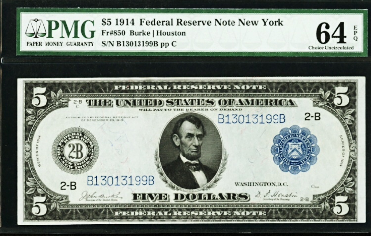 【收藏联盟】第九十九期拍卖 美国 1914年 5美元 PMG64EPQ 原票 高性价比 非常漂亮 大票幅 林肯 雕刻版