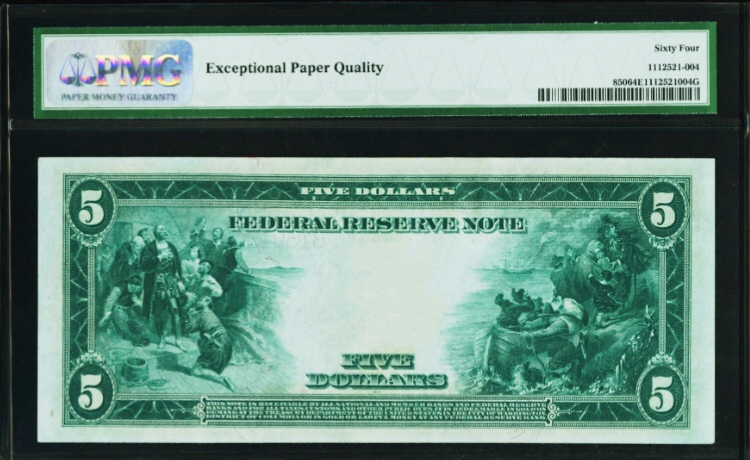 【收藏联盟】第九十九期拍卖 美国 1914年 5美元 PMG64EPQ 原票 高性价比 非常漂亮 大票幅 林肯 雕刻版
