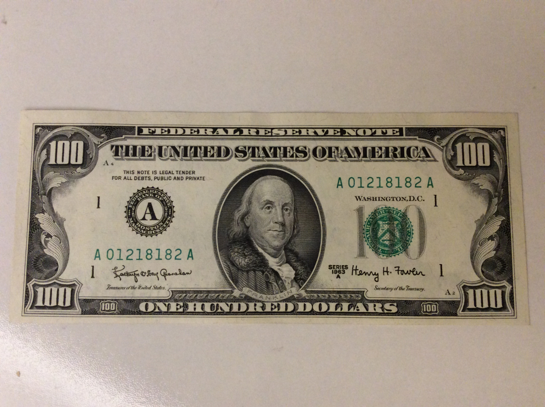 【收藏联盟】第九十九期拍卖 美国 1963年 100美金UNC- 富兰克林 小头版 182尾 AA冠