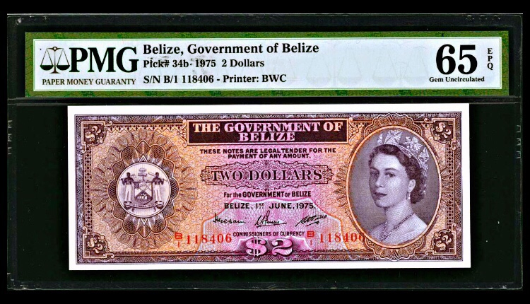 【收藏联盟】第九十九期拍卖 伯利兹 1975年 2元 p34b pmg65EPQ 绝品 大冠女王 性价比