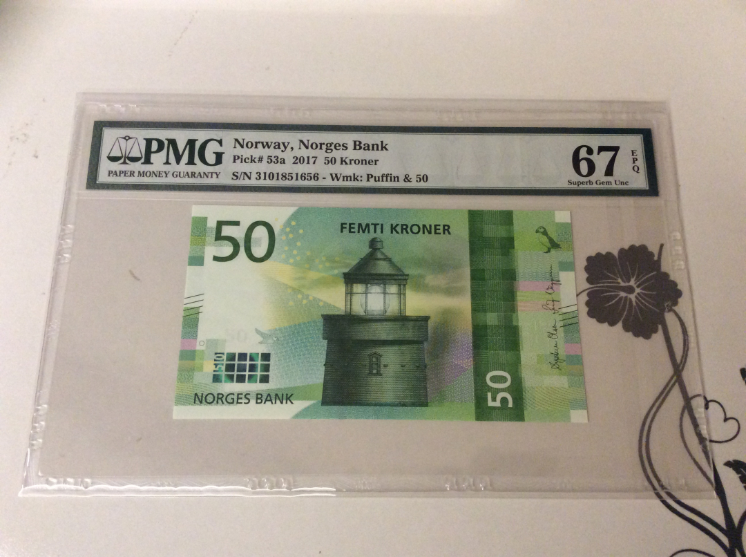 【收藏联盟】第九十九期拍卖 挪威 2016年 p53a  50克朗 PMG67EPQ  马赛克版