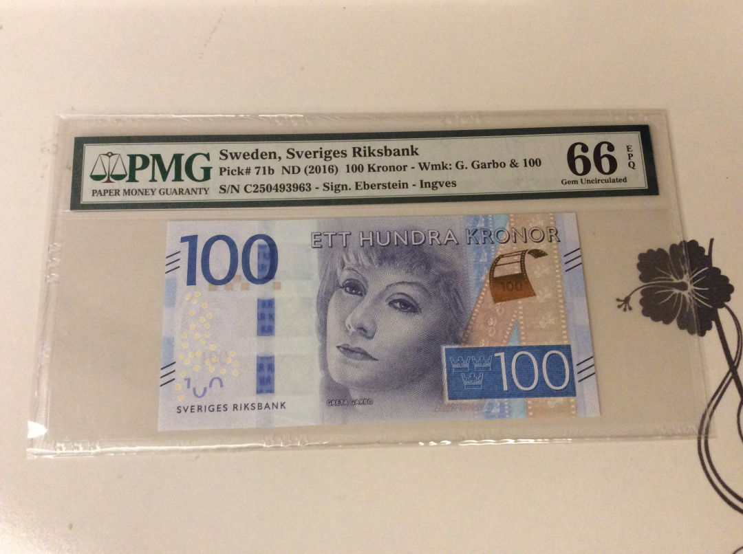 【收藏联盟】第九十九期拍卖 瑞典 2016年 100克朗 p71b PMG66EPQ 影星葛丽泰-嘉宝
