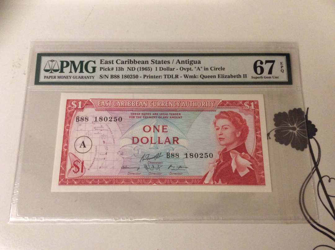 【收藏联盟】第九十九期拍卖 东加勒比 1965年1元 安提瓜 PMG67EPQ 高分 戎装女王