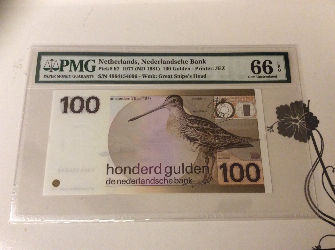 【收藏联盟】第九十九期拍卖 荷兰 1977年 100盾 p97 PMG66EPQ 经典水鸟 