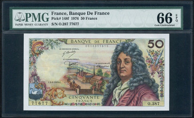 【收藏联盟】第九十九期拍卖 - 【雷达号】 法国 1976年 50法郎 p148f 经典拉辛 PMG66EPQ 绝品