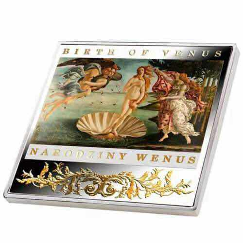 【币观天下】第八十四期钱币拍卖 纽埃2014年1新西兰元，文艺复兴 波提切利 超级名画“维纳斯的诞生”异形(方形)镶(镀)24K金精制彩色银币