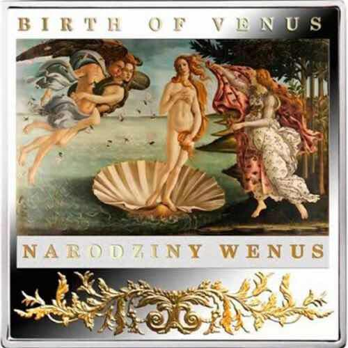 【币观天下】第八十四期钱币拍卖 纽埃2014年1新西兰元，文艺复兴 波提切利 超级名画“维纳斯的诞生”异形(方形)镶(镀)24K金精制彩色银币