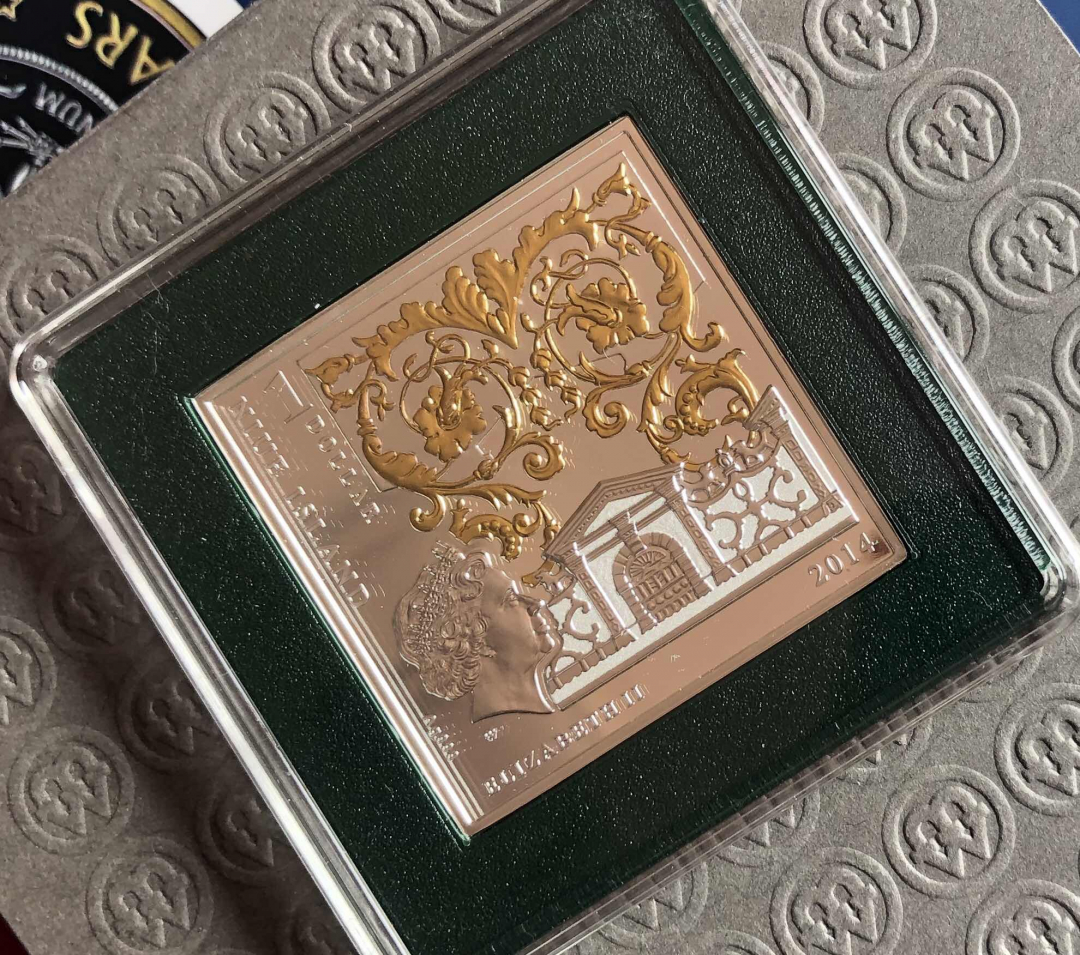 【币观天下】第八十四期钱币拍卖 纽埃2014年1新西兰元，文艺复兴 波提切利 超级名画“维纳斯的诞生”异形(方形)镶(镀)24K金精制彩色银币