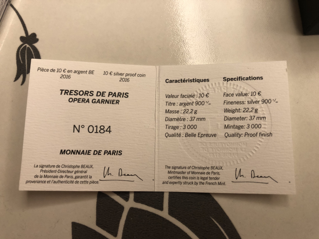 【收藏联盟】第九十九期拍卖 法国2016年巴黎歌剧院纪念彩色精制银币·原盒证书（NGC PF69UC）