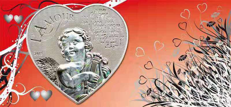 【币观天下】第八十四期钱币拍卖 喀麦隆2013年1000法郎，“天使之爱我爱你”高浮雕 激光全息幻彩 心形异形精制银币