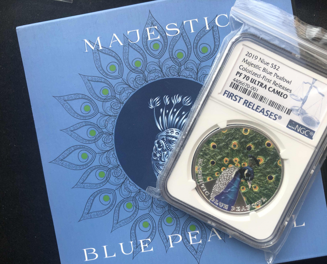 【币观天下】第八十四期钱币拍卖 【纽埃】纽埃蓝标孔雀银币【ngc70】